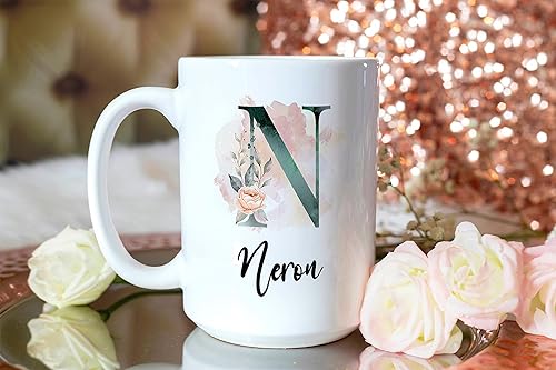Miniatura 4 de PREZZY Taza personalizada con letra N con inicial, monograma personalizado, taza de café floral, regalos para mujeres, hombres, familiares, amigos,