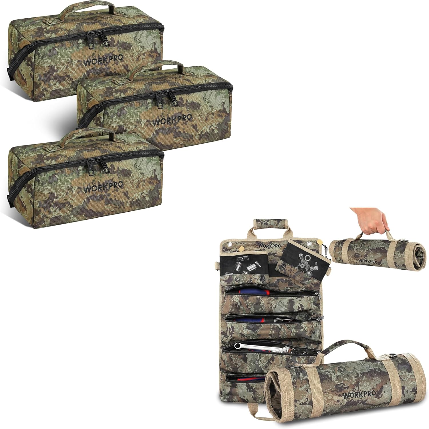 WORKPRO Tool Roll Up Bag with Detachable Tool Pouches &10" Utility Wide Mouth Heavy Duty Tool Storage Bag