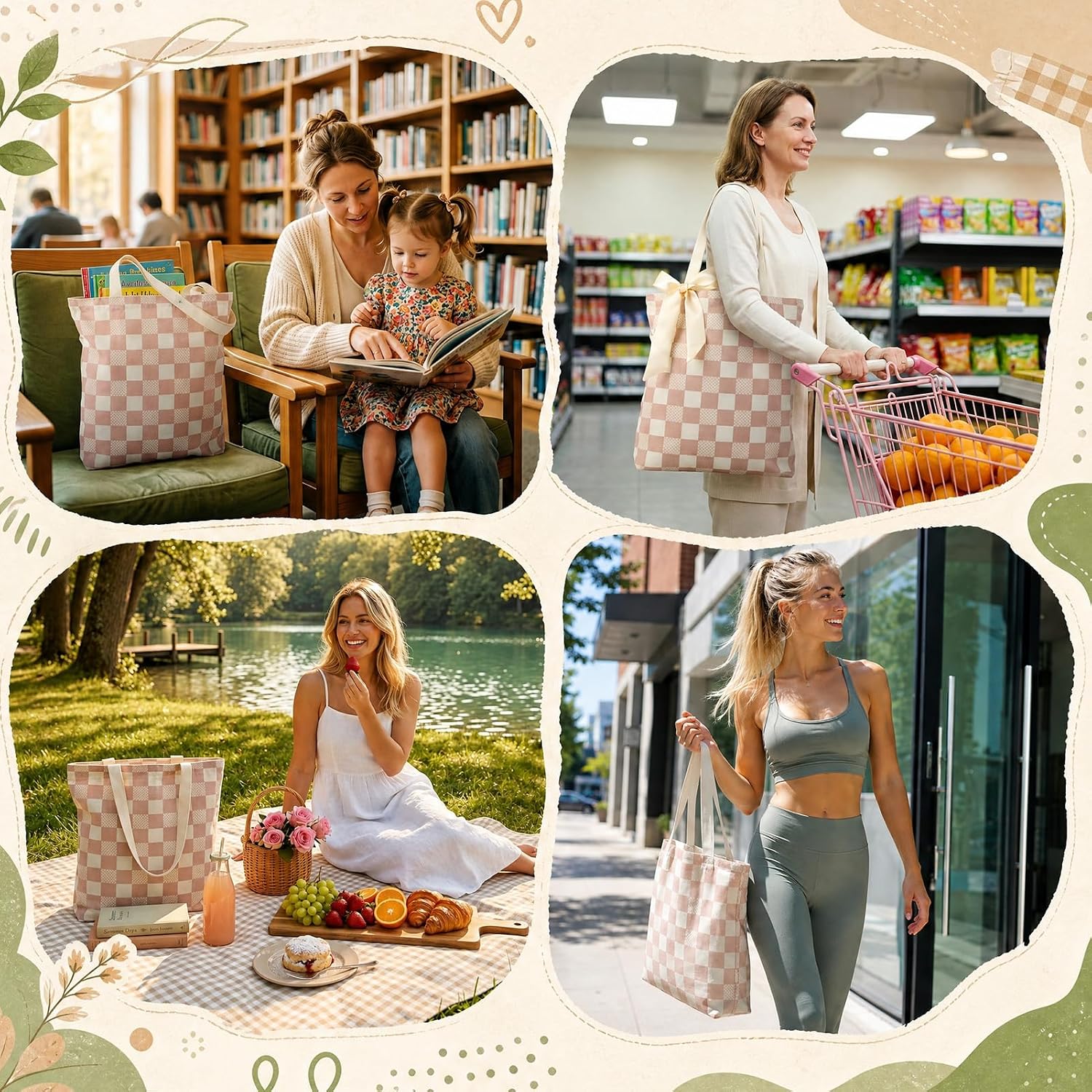 JATEBI 2 Pcs Canvas Tote Bag for Women Checkered Bag with Scarf Zipper Inner Pocket for College Work Travel Shopping