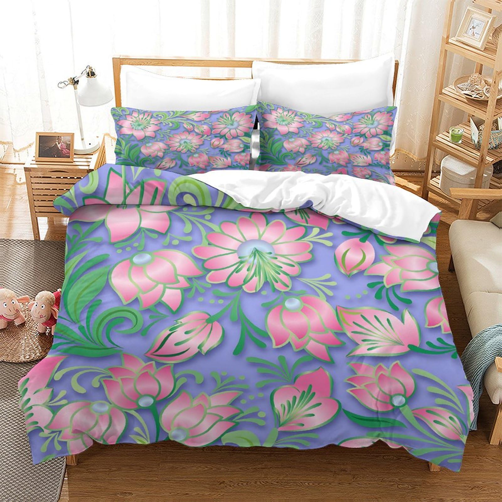 GDEKCIEAS Vintage Pink Floral Ornament 3D Bedding Set for Teens,3Pcs Duvet Cover Microfiber with Zipper,Breathable And Soft Quilt Cover for Kids And Adults Single（140x200cm）