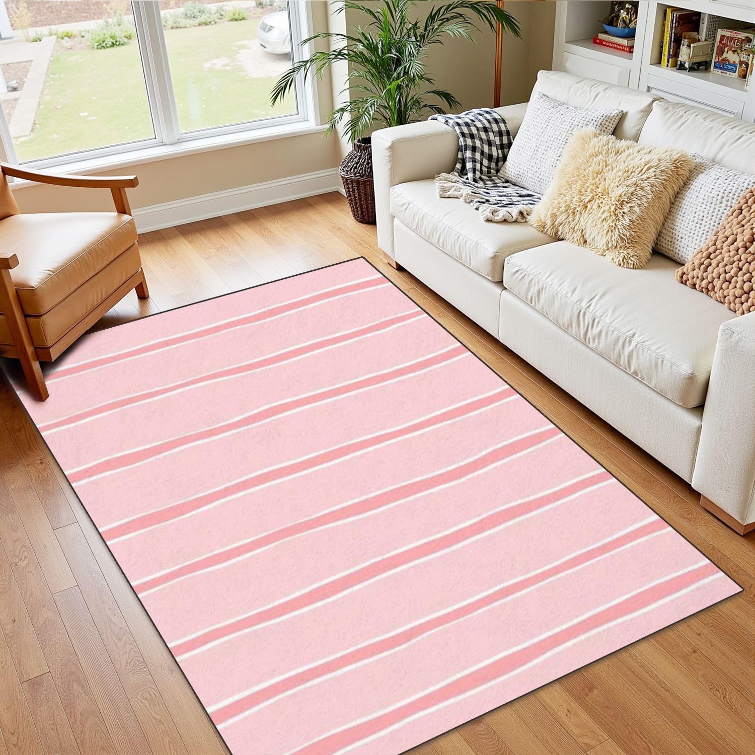 4x5 Pink Boho Rug Rugs for Living Room Rugs for Entryway Pink Striped Pattern Girly Stripe Seamless Cute Pastel Wavy Bedroom Rug for Girls Door Mat Nursery Room Decor Rainbow Carpet