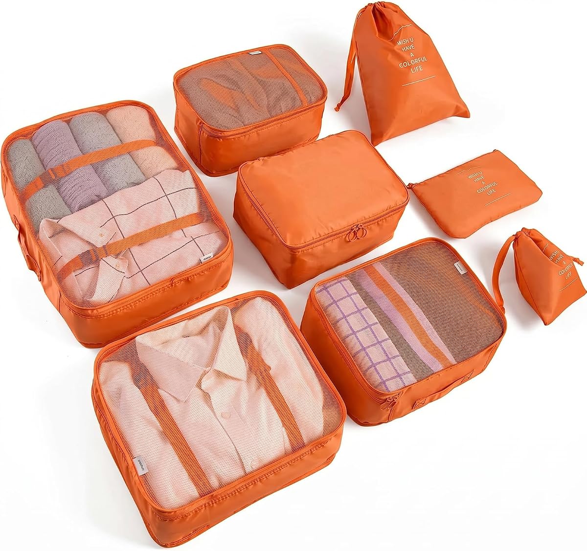 LANSKLBD 6/8 Set Packing Cubes for Suitcases Travel Luggage Packing Organizers,Travel Accessories Essentials Luggage Organizer with Shoe/Tioletry/Laundry Bag (Orange, 8 set)
