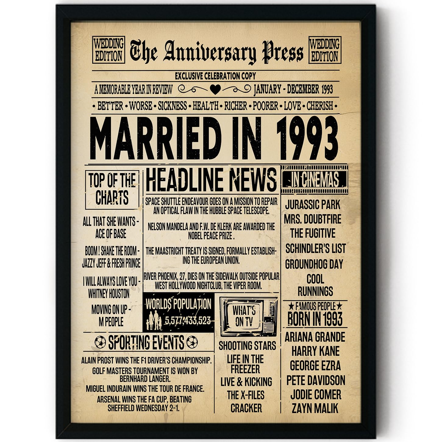 Stuff4 33rd Anniversary Poster Framed - Married In 1993 Newspaper - 33 Wedding Anniversary for Men Women Retro Vintage Gifts Back In 1993, 8x10 Inch Anniversaries Posters โ image 1