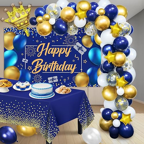 Miniatura 4 de Juego de decoraciones de fiesta de cumpleaños azul marino y dorado pancarta de fondo azul marino y dorado 65 piezas de guirnalda de arco de globos