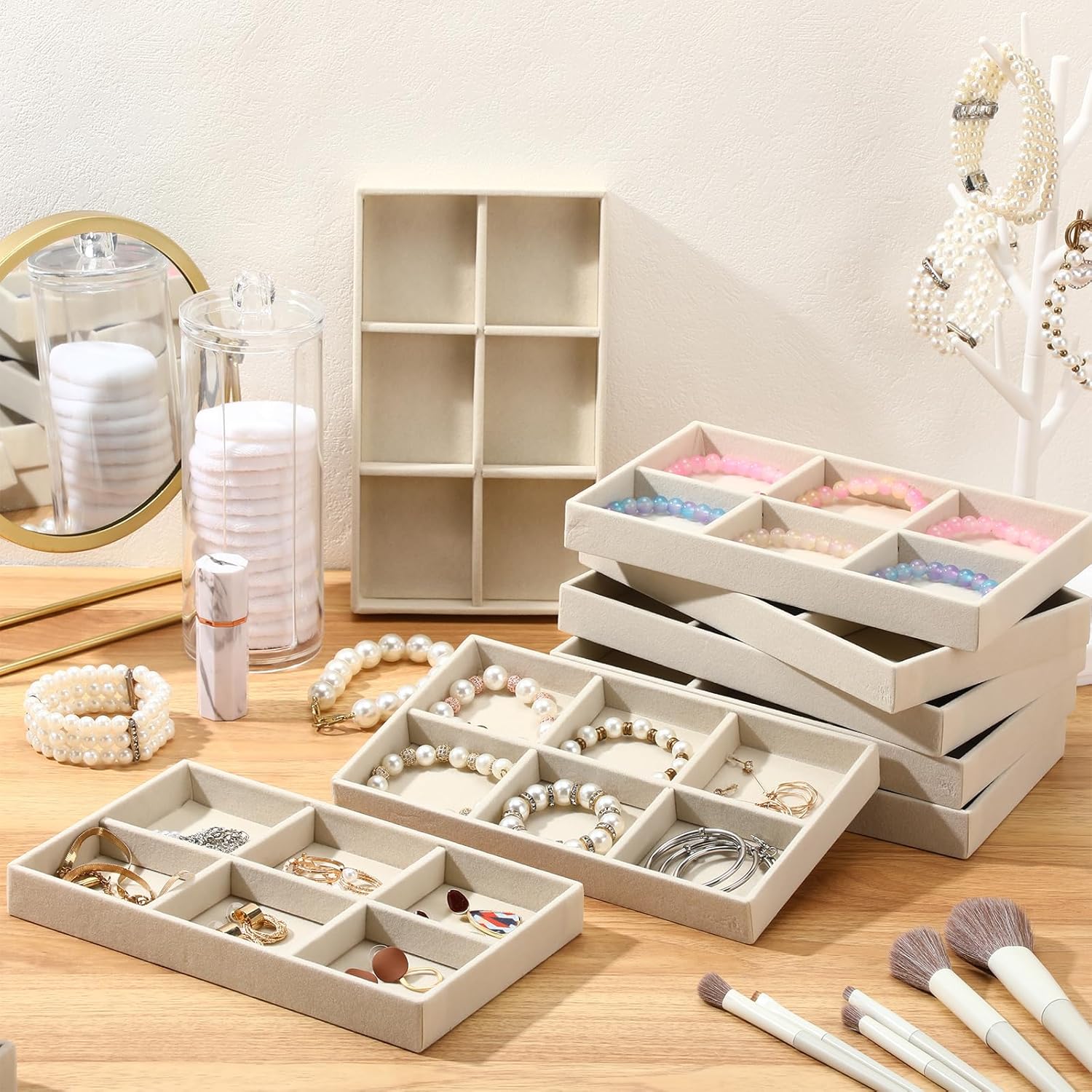 Highergo 8 Pcs Velvet Jewelry Trays Stackable Drawers Organizer Ring Earring Bracelet Necklace Storage Trays, 8.3x4.7x1''(6 Grids)