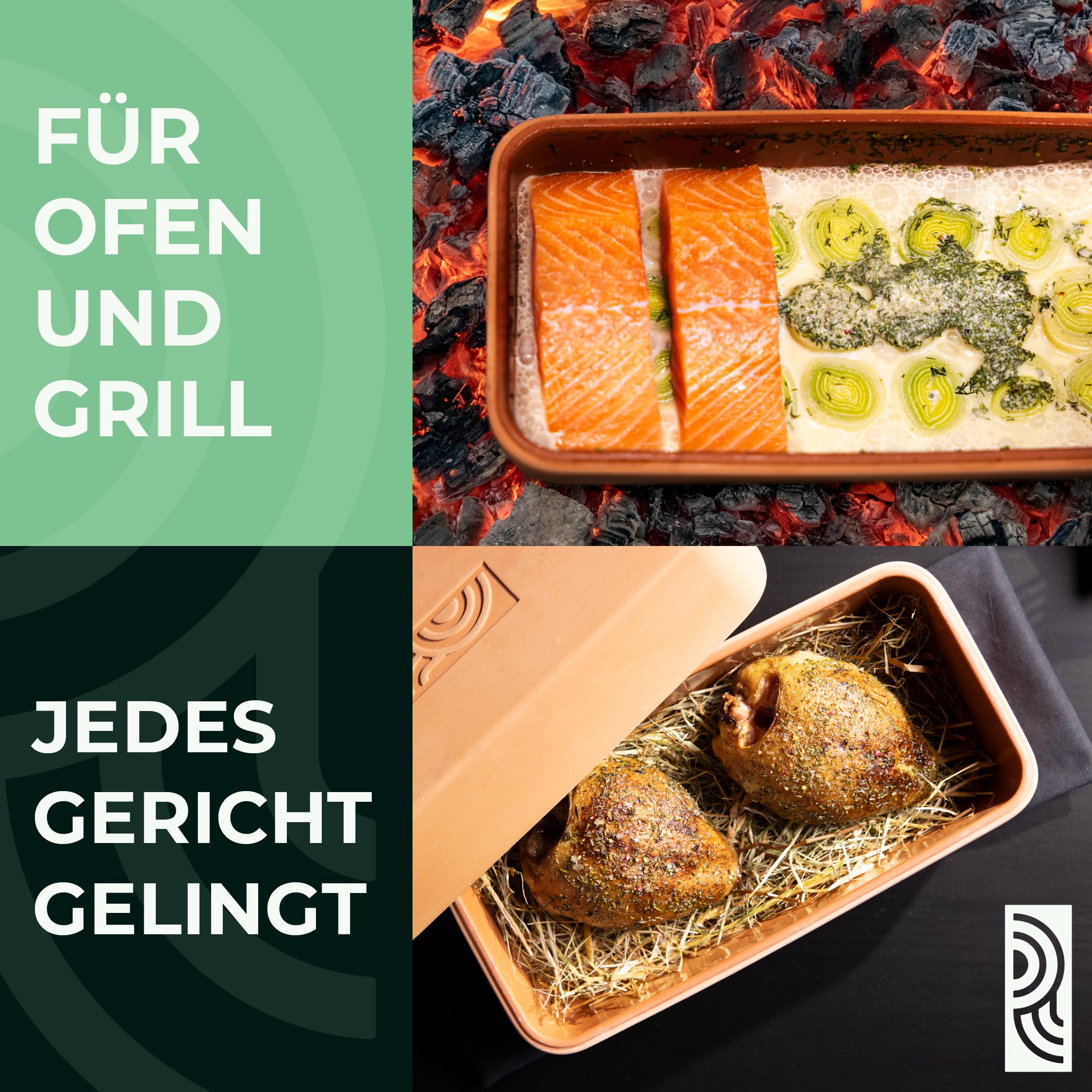 myromy® 2 Stück – Brick BBQ Mini-Bräter aus Keramik – Bräter, Dampfgarer, Schmortopf mit Aroma-Noppen – Grillschale & Auflaufform für Grill, Backofen & Mikrowelle – Brotbacktopf, spülmaschinengeeignet