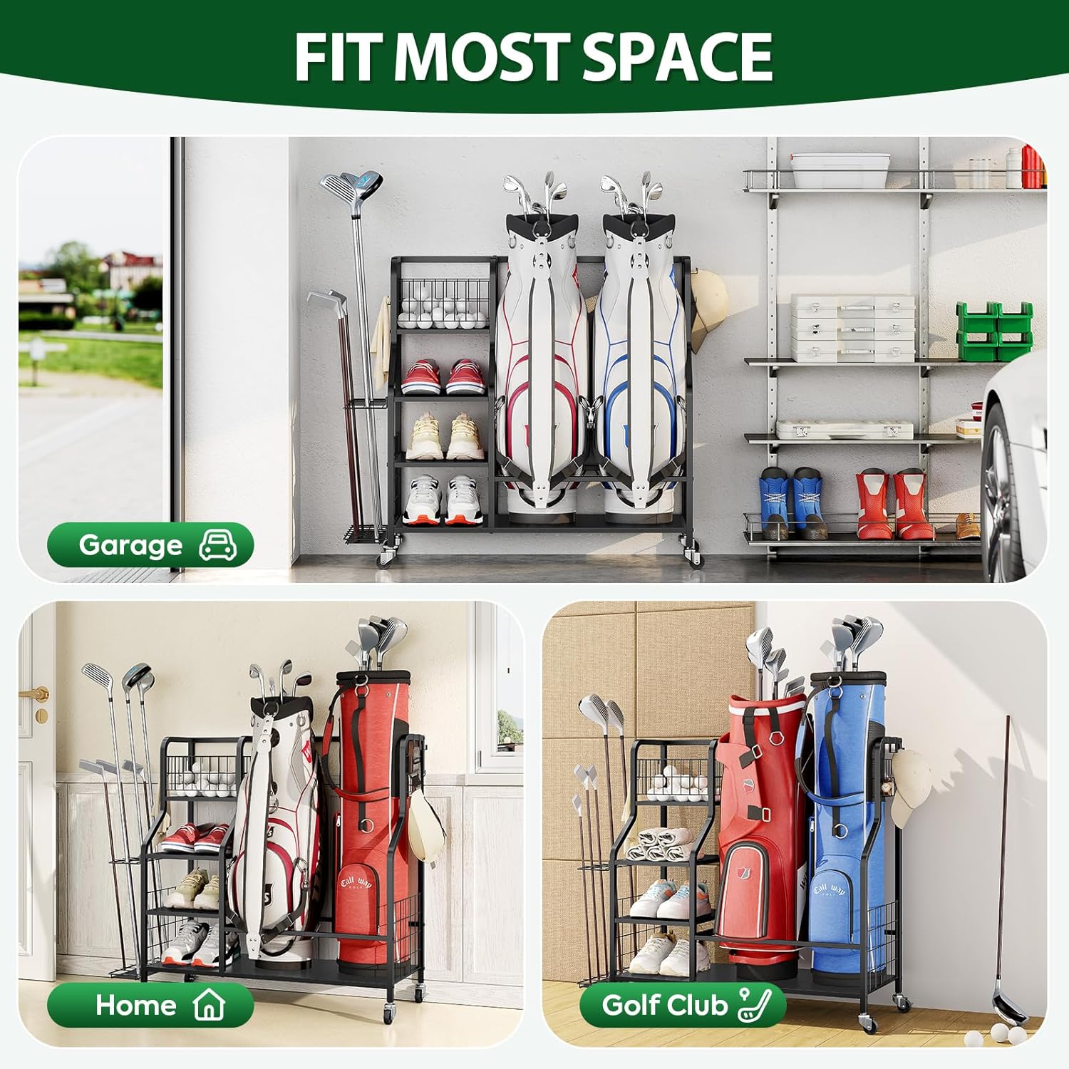 Golf Storage Organizer for Garage, Golf Bag Storage Rack with Lockable Wheels, Heavy Duty Golf Club Organizer with 3-Tier Shelves & Removable Hooks for Golf Accessories, Golf Bag Stand Holder, Black