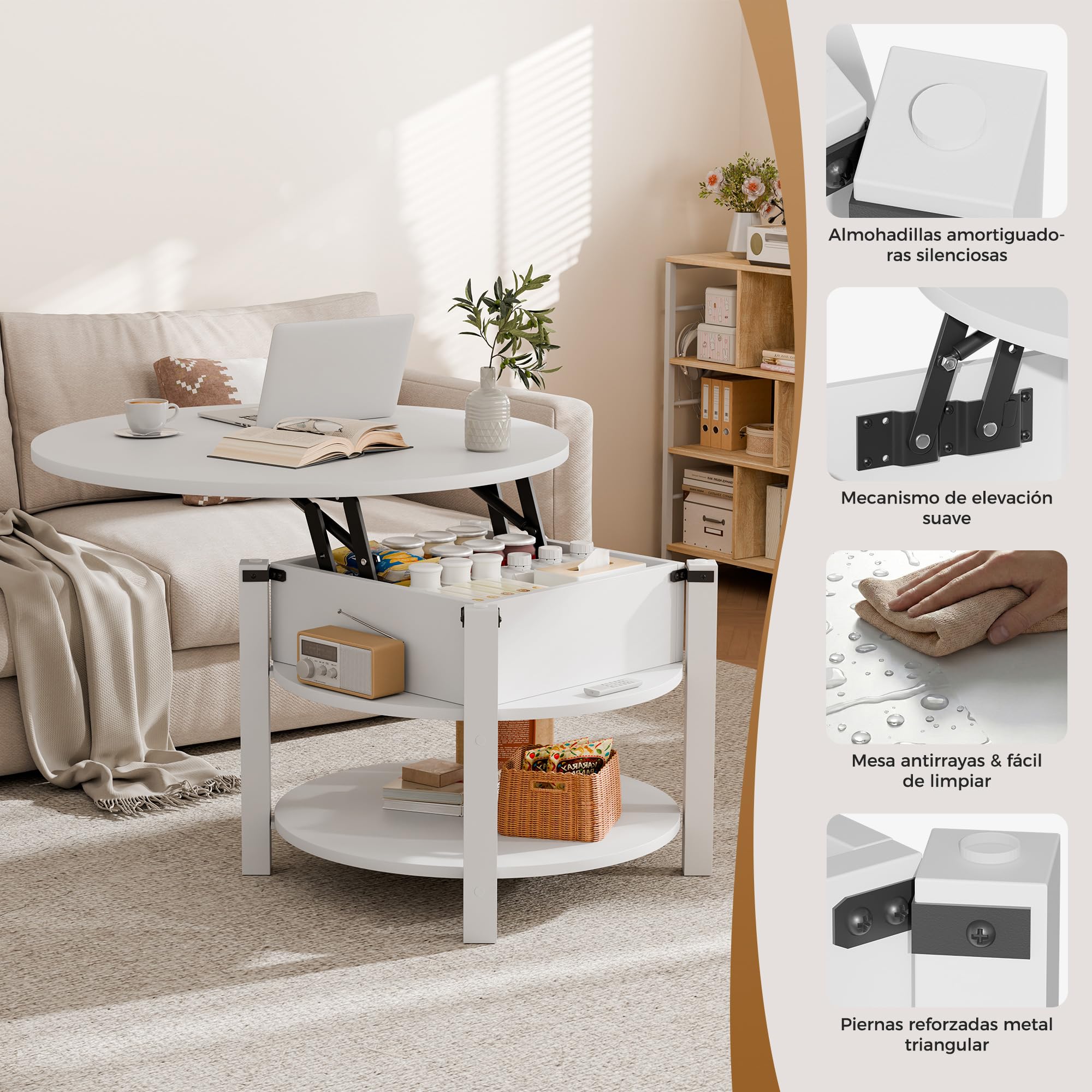 ELUCHANG Mesa de Centro Redonda Elevable y Extensible 2 en 1 para Salón y Oficina, Mesa de Cafe con Espacio de Almacenamiento de 2 Niveles, Madera en Blanco, 80x80cm