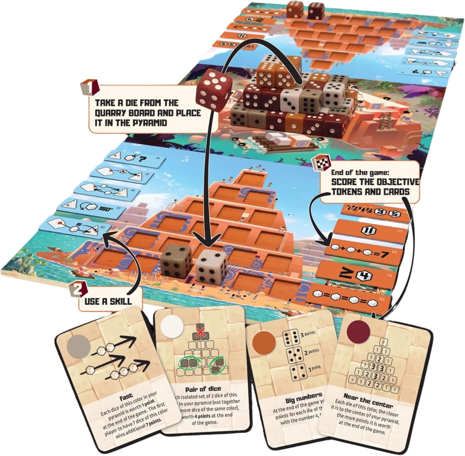 Pyradice by Arcane Wonders | Ages 14+ | Two Player Strategy Board Game | Dice Drafting and Pyramid Building | Competitive Ancient Civilization Game