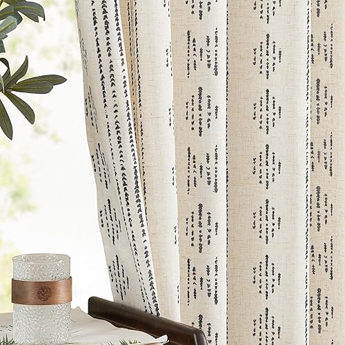 Miniatura 3 de JINCHAN - Cortinas de lino para sala de estar y dormitorio, 63pulgadas de largo, diseño bohemio, rústico, geométrico y a rayas con ojales, filtro de