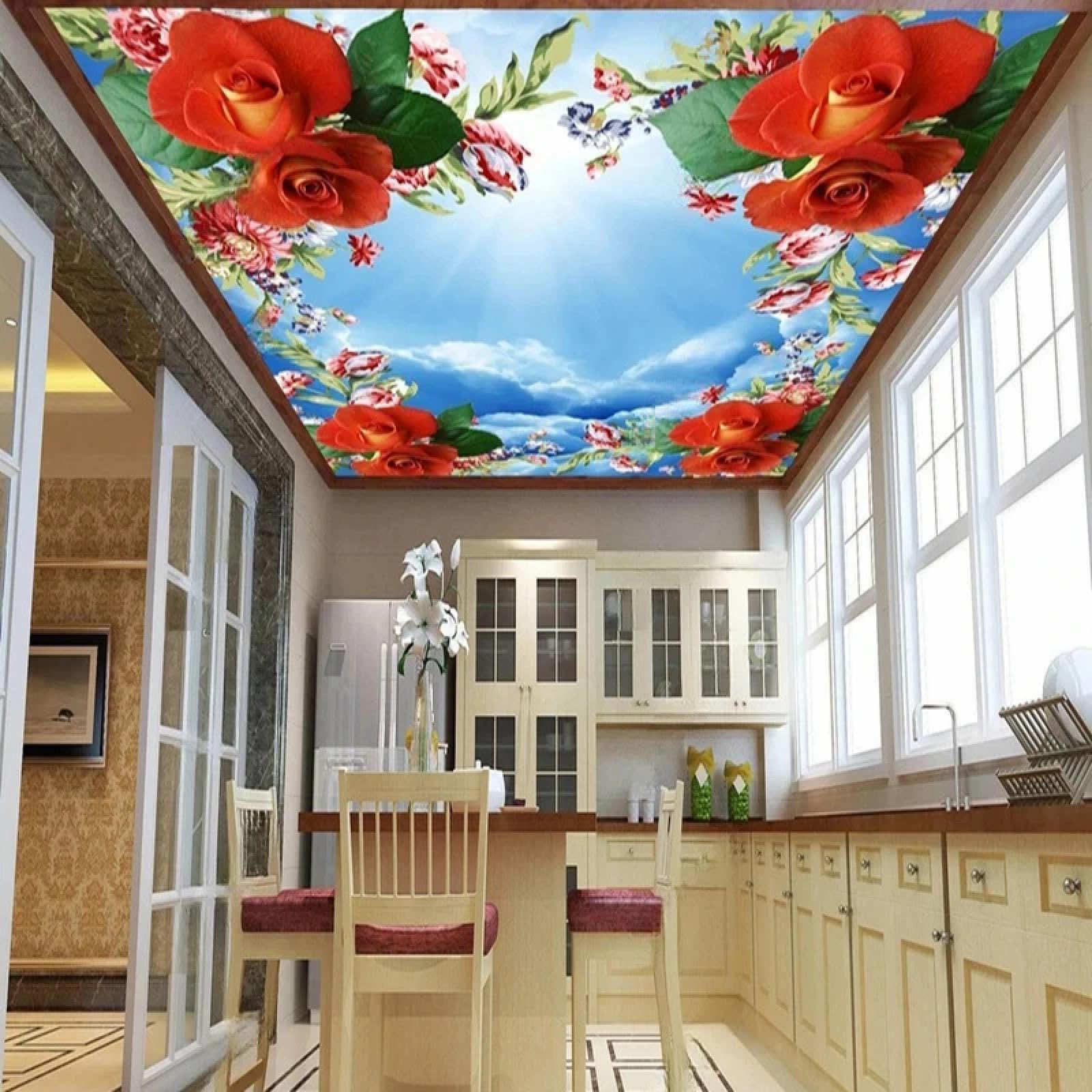 Papier peint 3D plafond pour agrandir un salon sombre