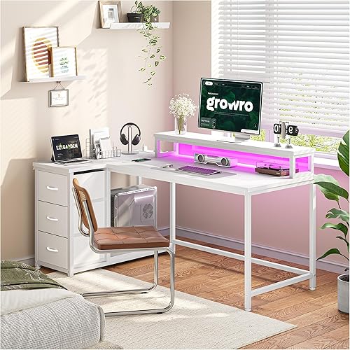 Miniatura 9 de EnHomee Escritorio para juegos en forma de L con cajones y toma de corriente, escritorio pequeño para computadora de 48 pulgadas con luces LED,