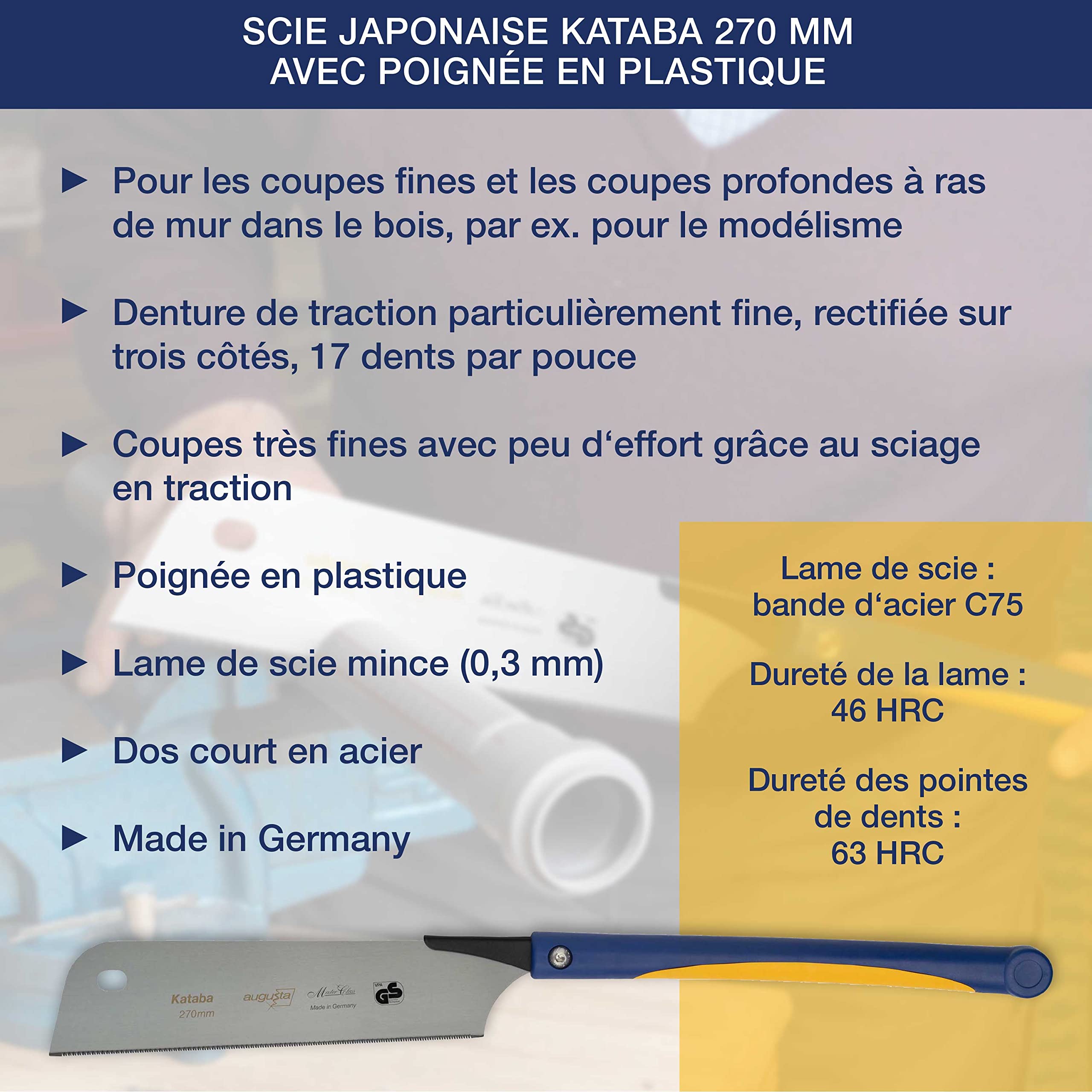Augusta-Heckenrose scie japonaise Kataba 270 mm I Scie traditionnelle en acier C75 pour coupes fines I Scie à bois en acier poignée confort 2k