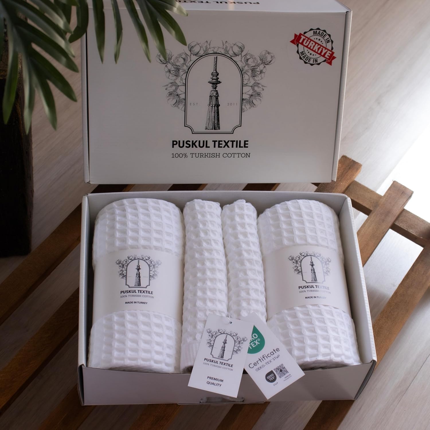 PÜSKÜL - Premium Waffle Towel Set 4 Pieces White - Organic 100% Turkish Cotton Quick-Dry Towels for Bathroom Made in Turkiye (White, Towel Set - 2 Hand & 2 Bath Towels)
