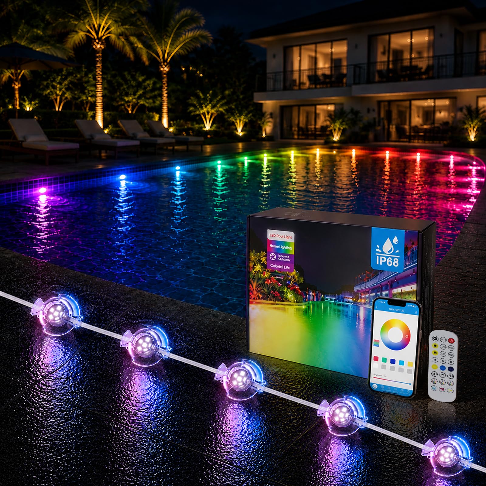 Illuminazione per laghetto RGB, 35 m, 24 in 1, luci subacquee con app e telecomando, 16 milioni di colori, scene fai da te e 44 modalità di illuminazione, IP68, illuminazione per piscina