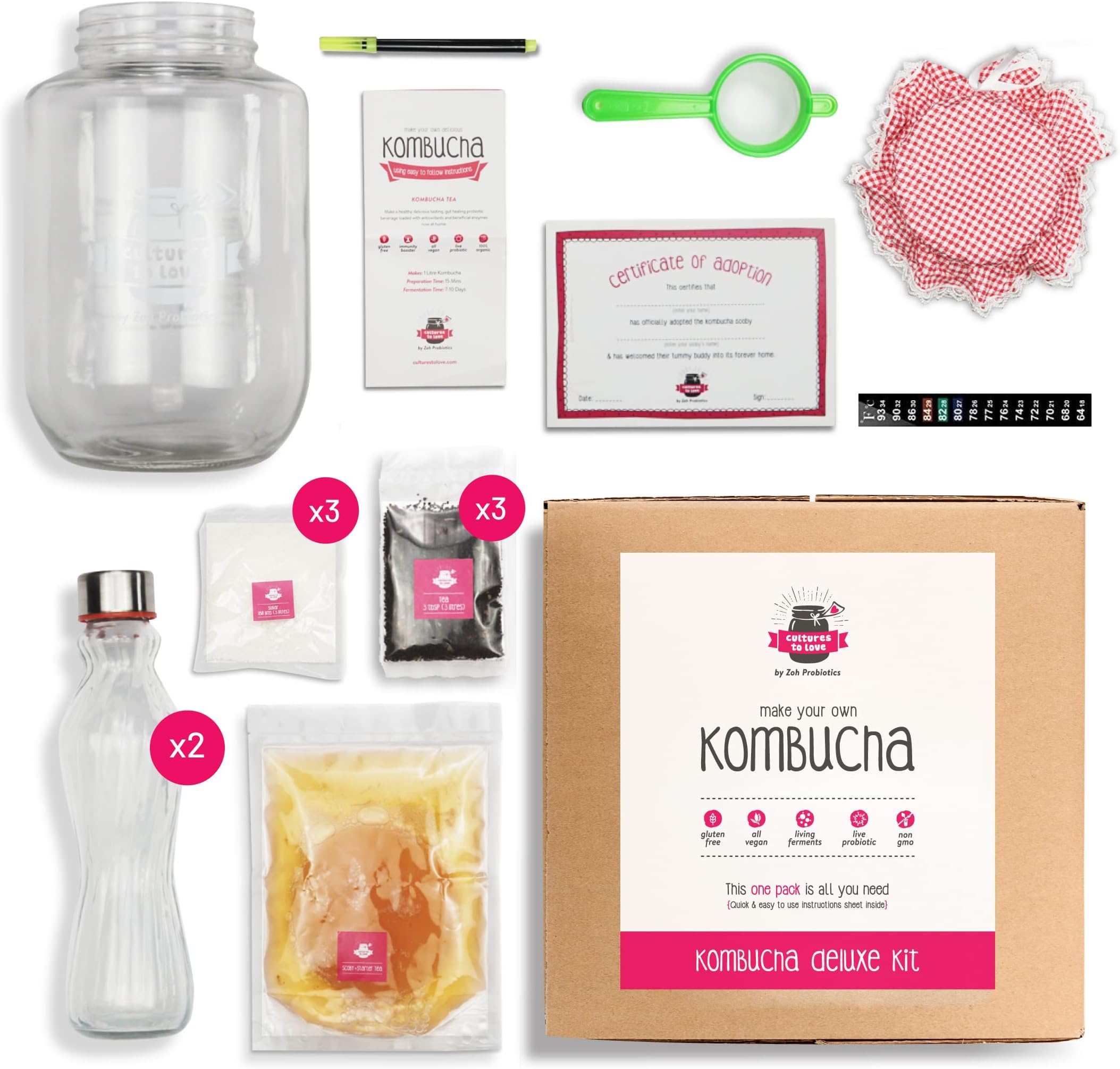 Zoh Probiotics Kombucha Deluxe DIY Brewing Kit with Live Mother — Raw and Unfiltered Home Fermentation Set, Lab Tested, Vinegar-Free, 3kgs