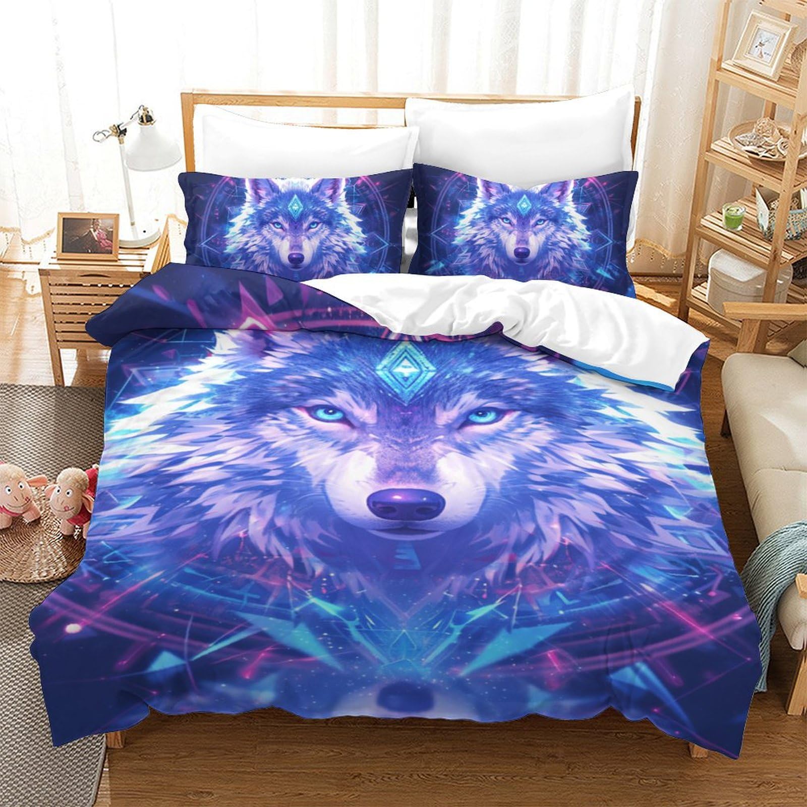 Housse de couette loup en microfibre thermorégulatrice pour lit simple 140x200 cm