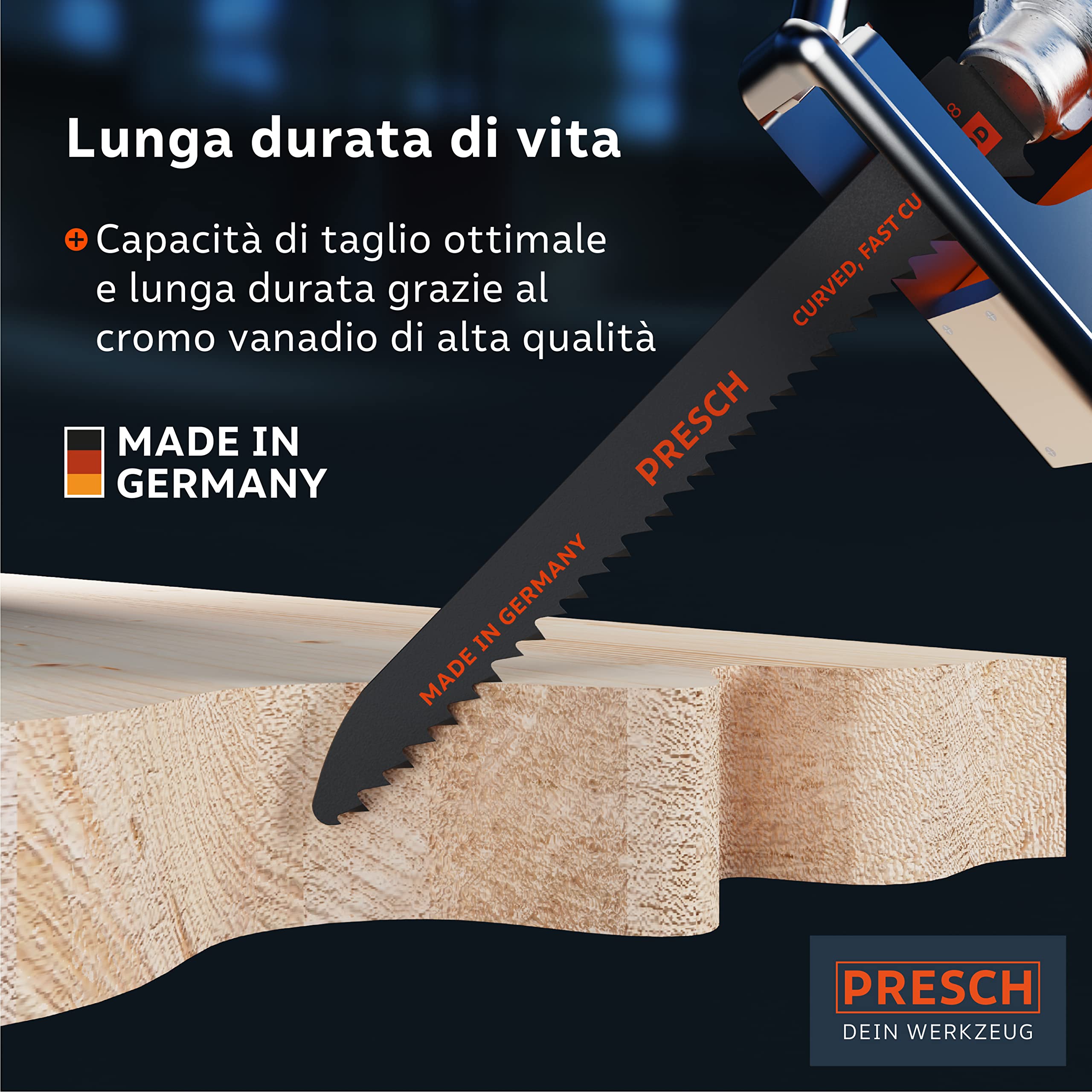 Presch Lame per sega a gattuccio per legno 130 mm 10 pezzi - Taglio curvo 6-100 mm - Lame per legno, coltelli da cucina e altro. - Set di lame per sega con scatola