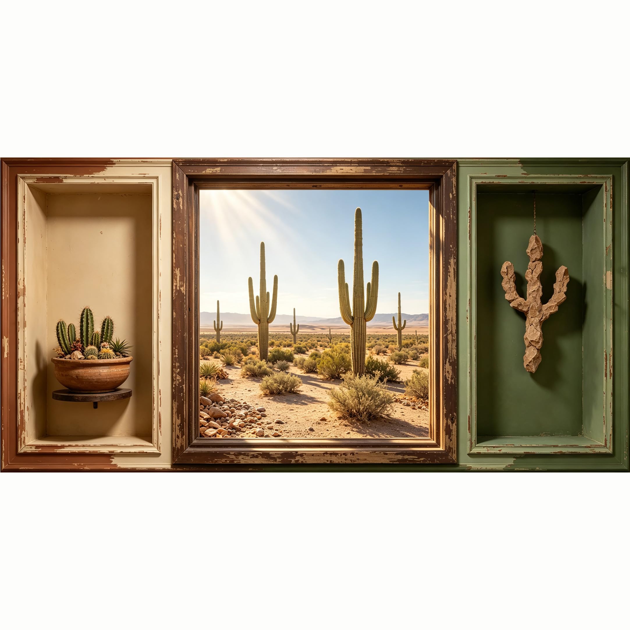 QZLITHOTIC 50x100cm 3D Framed Wall Art， Southwestern Desert Saguaro Cactus Landscape SelfAdhesive Mural， WaterActivated Peel & Stick Fabric Decor Wall Decal for Bedroom Living Room