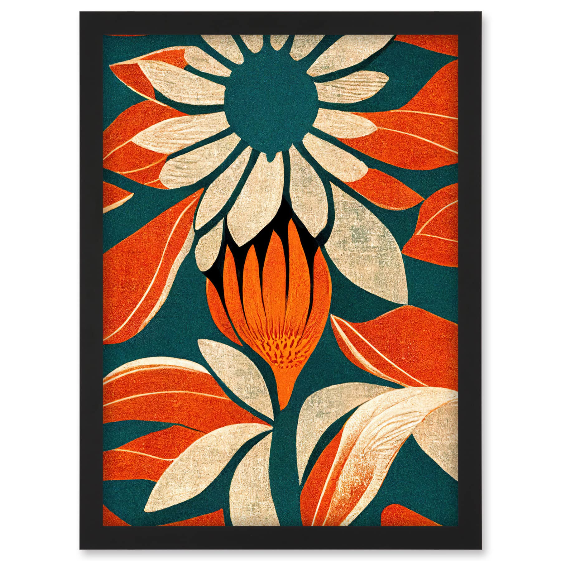 Doppelganger33 LTD Flower Design Teal Orange Abstract Linocut Artwork Framed A3 Wall Art Print