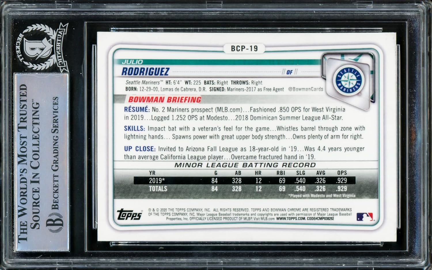 Julio Rodriguez Autographed 2020 Bowman Chrome Rookie Card #BCP19 Seattle Beckett BAS #15781213