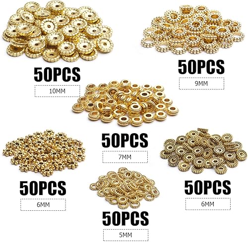 Miniatura 2 de 300 cuentas espaciadoras de aleación, cuentas de joyería de oro antiguo para manualidades, pulseras, collares y manualidades, 6 tamaños