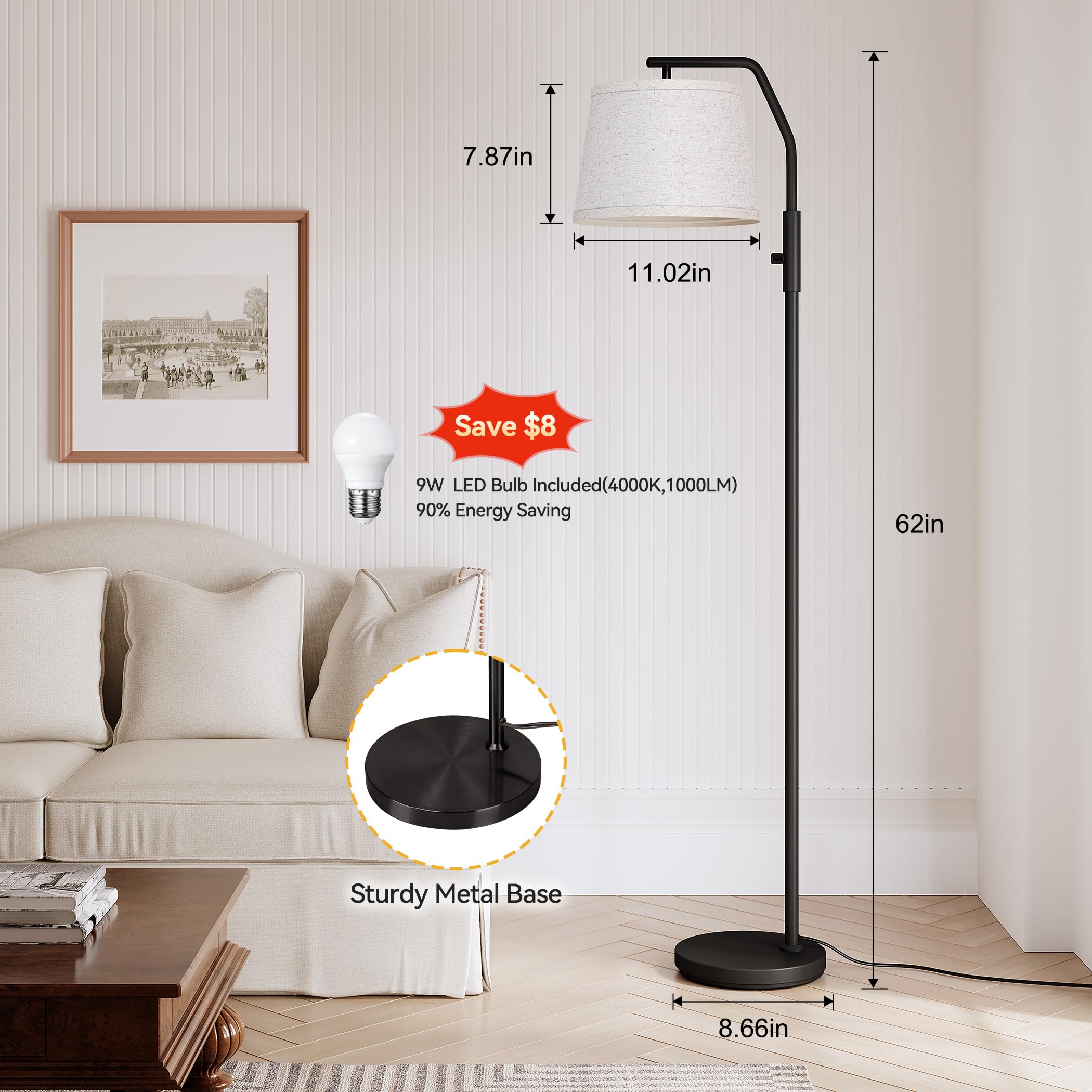 Lámparas de pie para sala de estar, bombilla de 9 W incluida, lámpara alta para dormitorio con cabezal ajustable, lámpara de pie moderna, lámpara de pie de arco regulable 0-100% para comedor 4