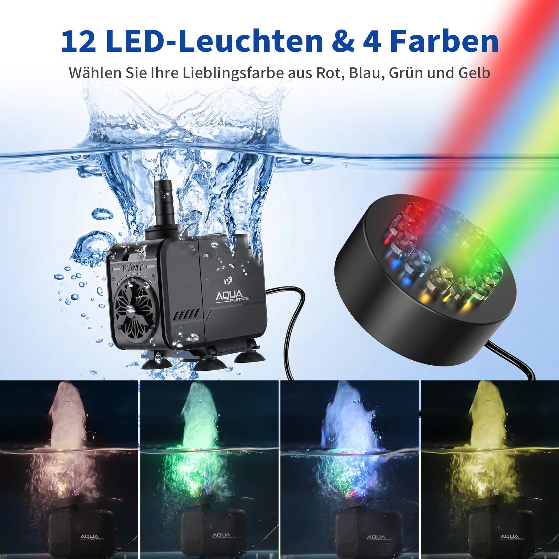 LED Mini Aquarium Wasserpumpe 40W 3000L/H Schutz vor überhitzung Leise Springbrunnenpumpe mit bunten Lichtern für Aquarien Fischtank, kleine Teichpumpe Förderhöhe 3m mit 1,6m Kabel & 3 Düsen