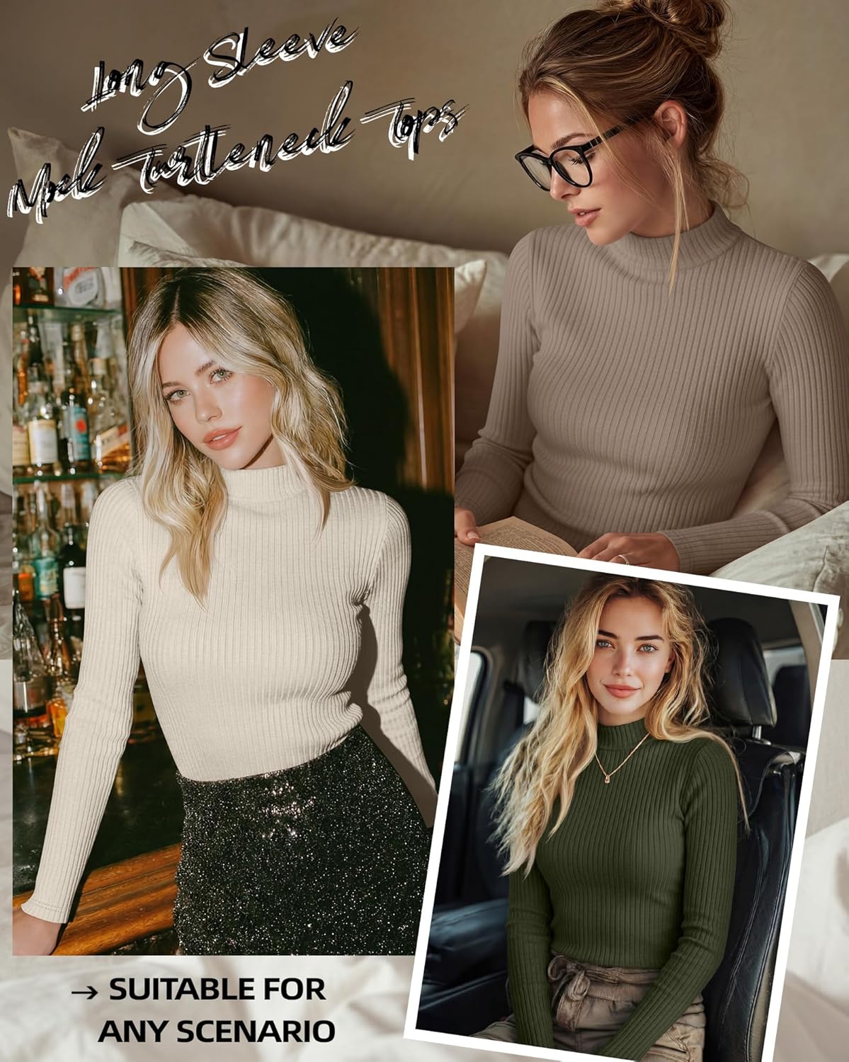 Riyiper 3 Pack Women's Ribbed Shirts, Mock Turtleneck Long Sleeve Tops Slim Fitted Undershirts Casual Basic Layering Tees - Image 4