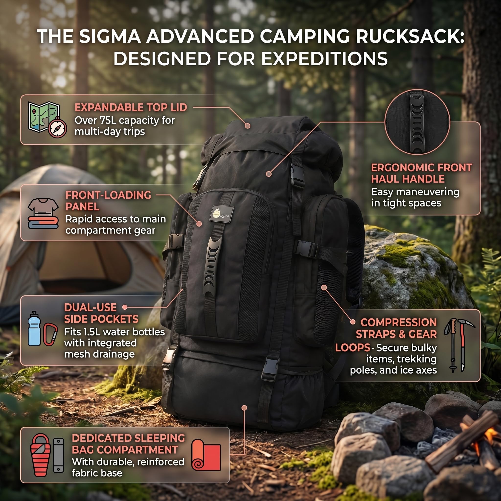 Sac à dos de voyage extra large 120 L pour accessoires de camping – Séchage rapide Grand sac à dos pour camping, pêche et randonnée – Idéal pour homme et femme, Noir , 120 Litre