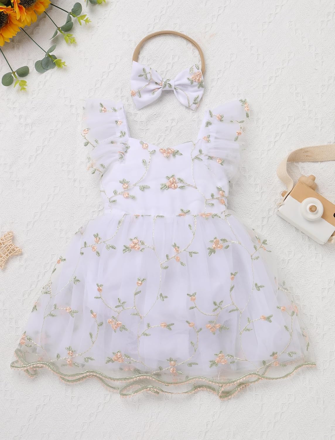 ODASDO Baby Girls Floral Embroidery Tulle Tutu Romper Dress Headband Set for First Birthday Party Cake Smash Wedding - Image 2