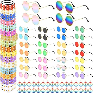 CHRORINE 24 Pcs Hippie Costume Accessory Set for Hippie Party Decorations Includes Flower Headbands Round Hippie Sunglasses Peace Sign Necklace