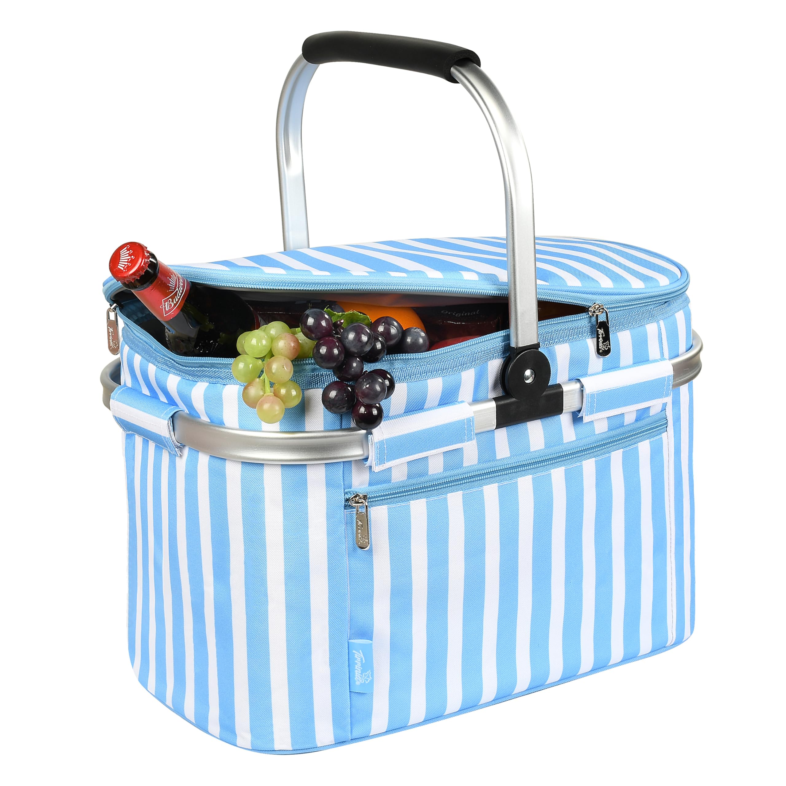 Tirrinia Large Insulated Picnic Basket, 34L Water Resistant & Leakproof Collapsible Portable Cooler Basket Set with Aluminium Handle for Travel, with