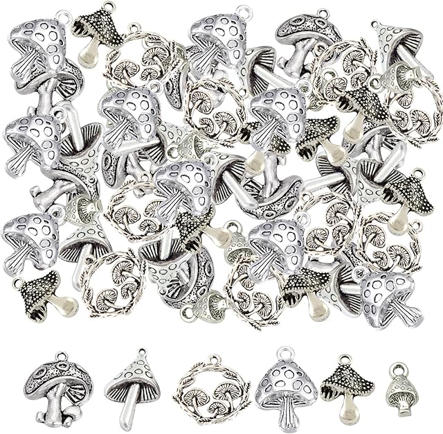 SUNNYCLUE 1 Box 60Pcs 6 Styles Mushroom Charm Alloy Mushrooms Plants Pendants Bulk Hollow Round Food Tibetan Style Pendant for Jewelry Making Charms DIY Earrings Necklaces Bracelets Findings
