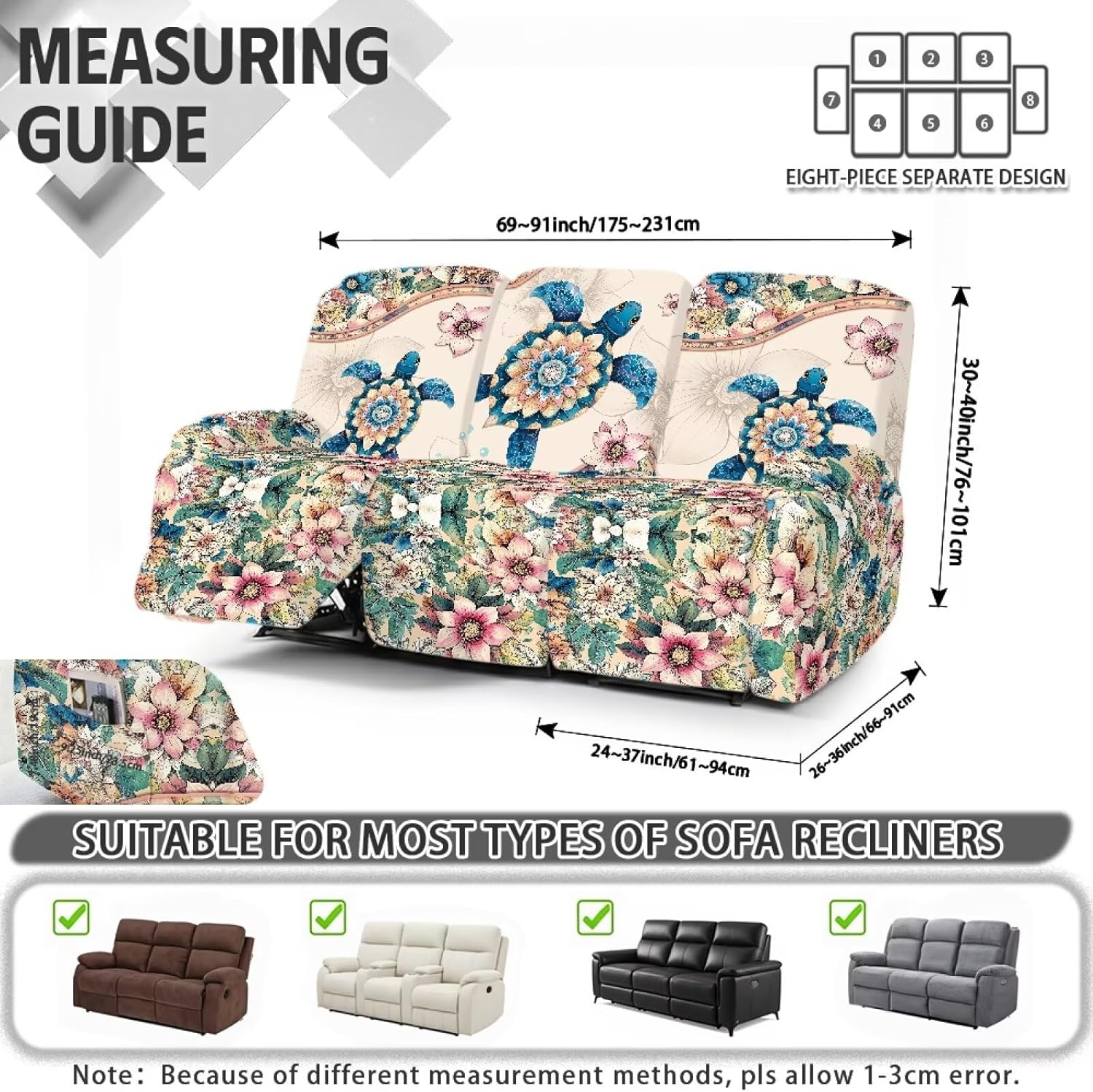 Bohemia Turtle Recliner Sofa Covers 3 Seater Boho Floral Stretch Recliner Couch Slipcovers with Elastic Band Large Universal Reclining Sofa Furniture Protector
