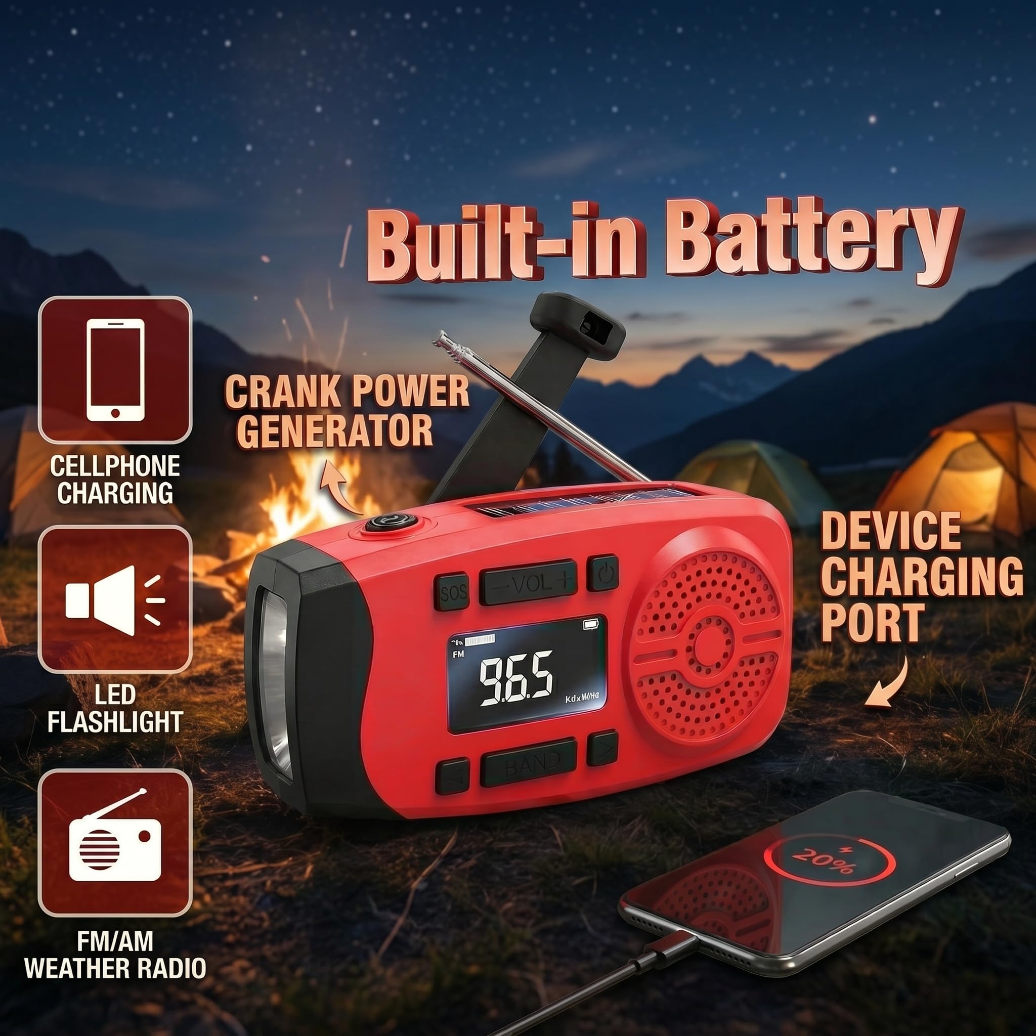 Solarkurbel-Notfallradio mit LCD-Display, 7400mWh Powerbank & 3-in-1 Taschenlampe mit SOS-Alarm, AM/FM Radio, USB/Solar/Handkurbel, Kompakte Überlebensausrüstung für Camping & Haus