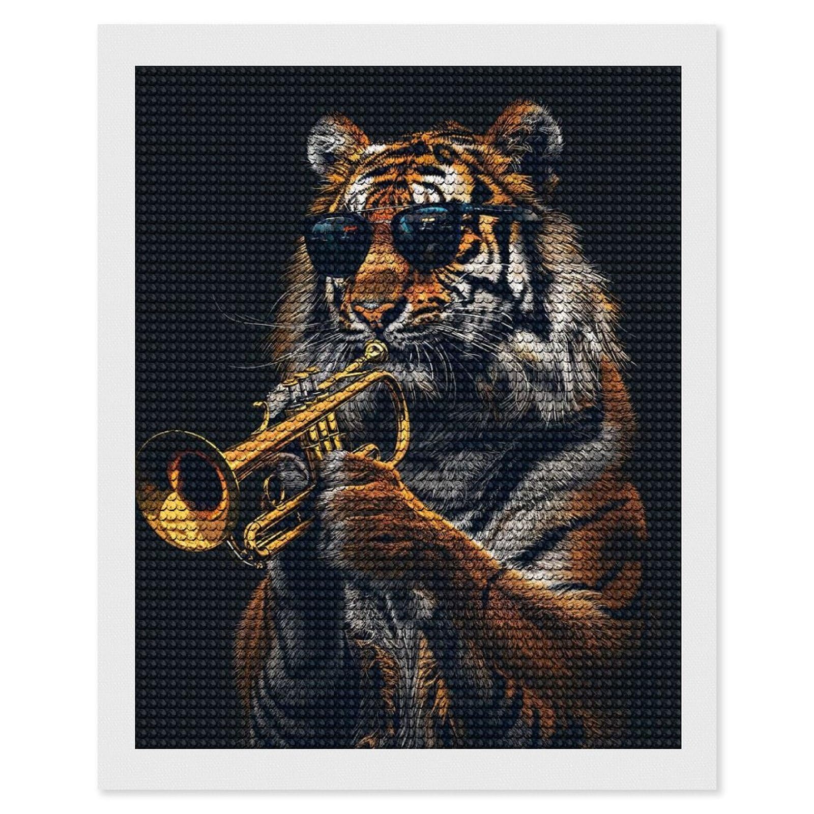 Junmoney Tiger Trumpet Diamond Painting Set 16"x20", Sparkling Round Gems, Decorate Your Room, Fun Craft Experience, Modern Decor