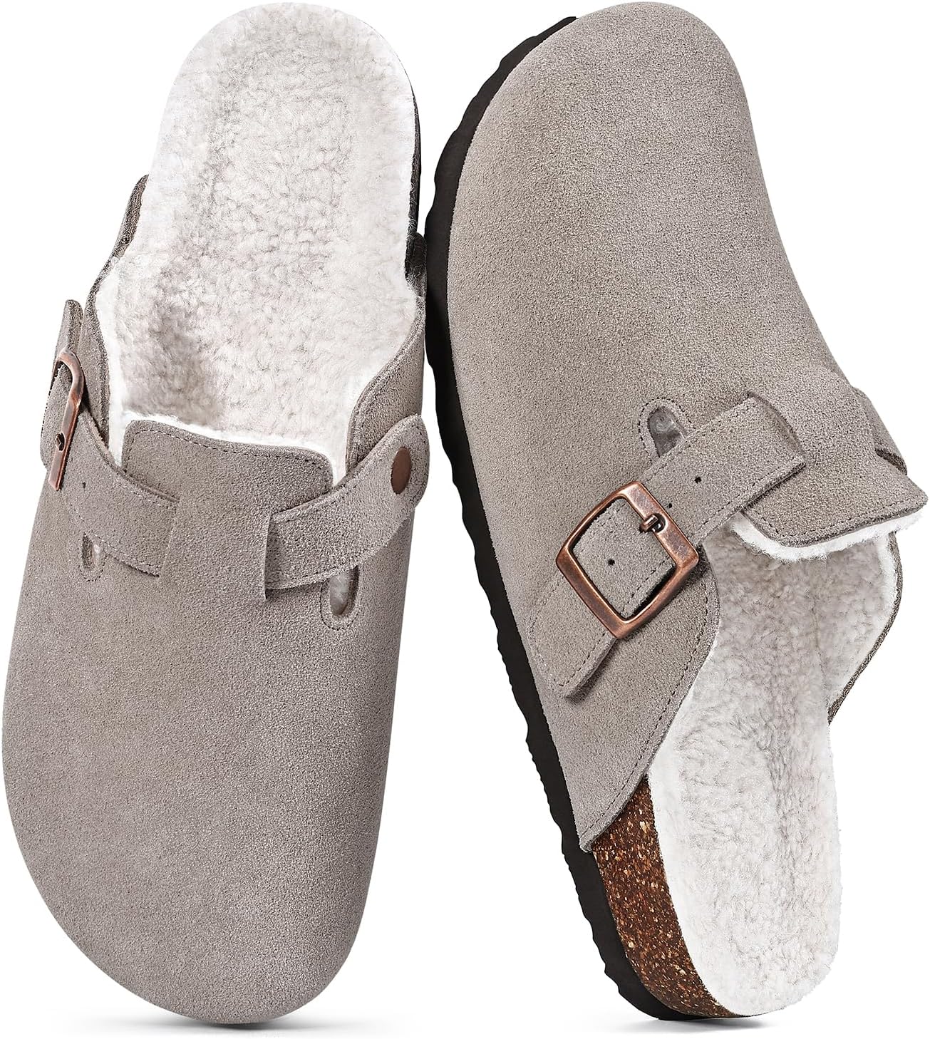 KIDMI Women's Fur Lined Suede Clogs Fuzzy Cork Footbed Mules Slip On Winter Potato Shoes