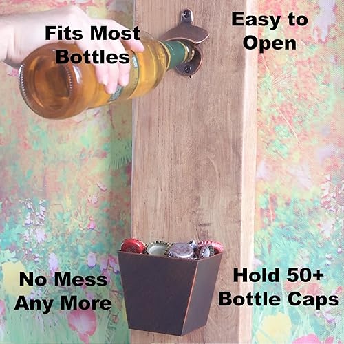 Miniatura 4 de Abrebotellas de cobre envejecido para montaje en pared y recogedor de tapas con abridor de cerveza montado en poste de acero inoxidable drenado y