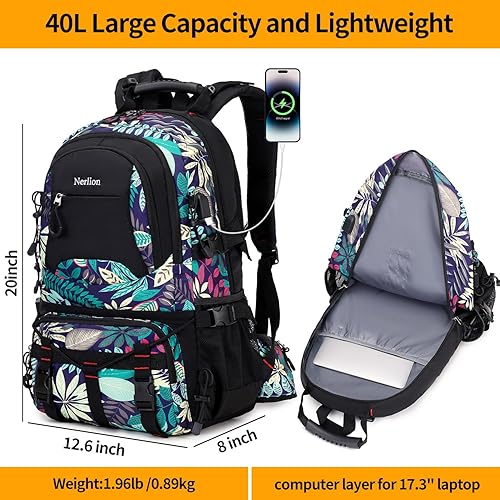 Miniatura 5 de Nerlion - Mochila de senderismo de 40 litros para hombres y mujeres, para campamento, impermeable, al aire libre, senderismo, mochila ligera (hojas