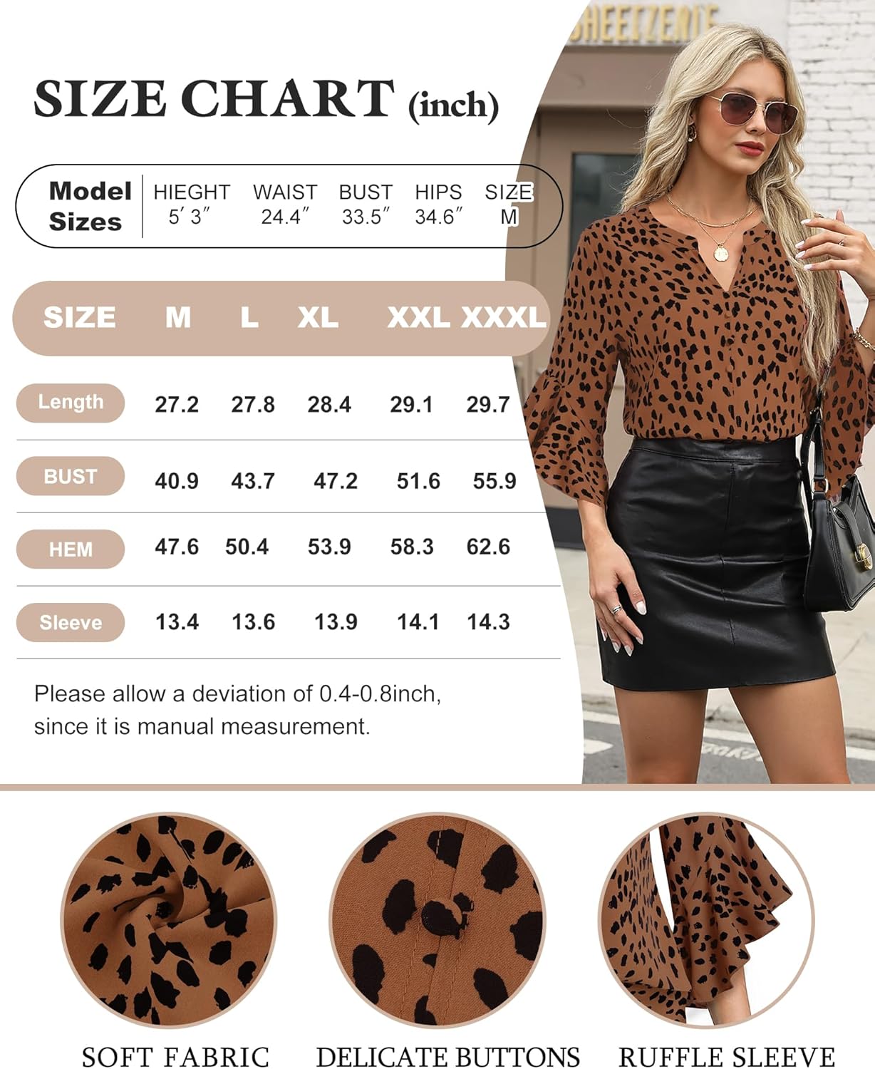 Bebonnie Womens Tops Dressy Casual Ruffle 3/4 Sleeve Henley V Neck Chiffon Blouses with Buttons - Image 7