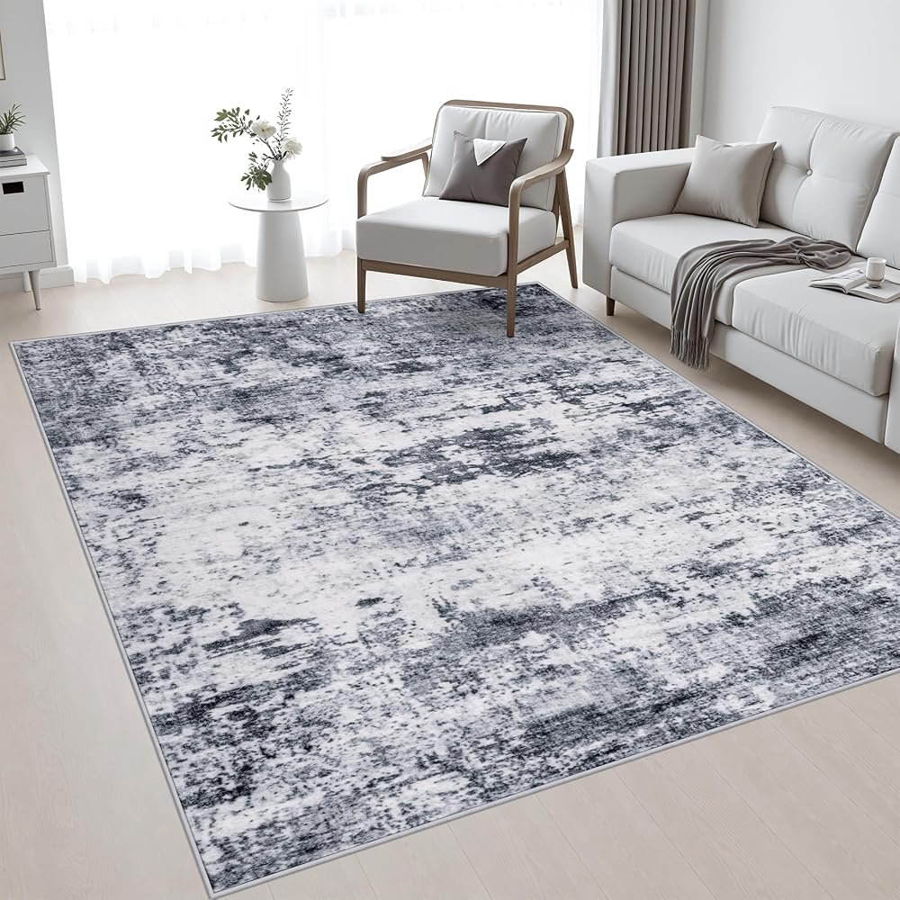 Alfombra de área de 5 x 7 sala de estar: alfombra suave y moderna para interiores, lavable, gris | Para dormitorio, comedor, granja, guardería, pasillo, oficina, abstracto moderno, lavable a máquina, antideslizante, resistente a las manchas, interior