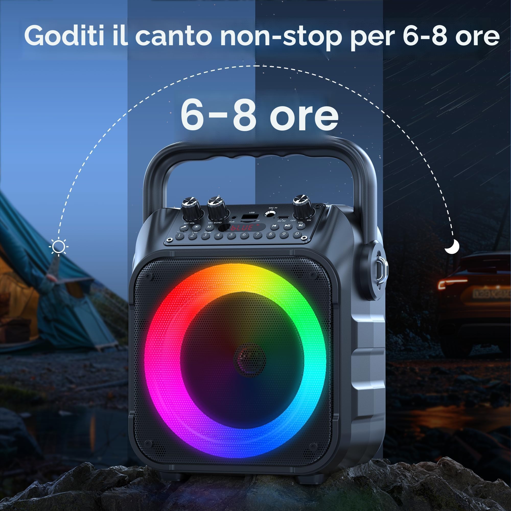 Karaoke, Altoparlante Portatile Bluetooth per Adulti con 2 Microfoni Senza Fili, Sistema PA per Adulti e Bambini con Luci LED per Feste (Nero)