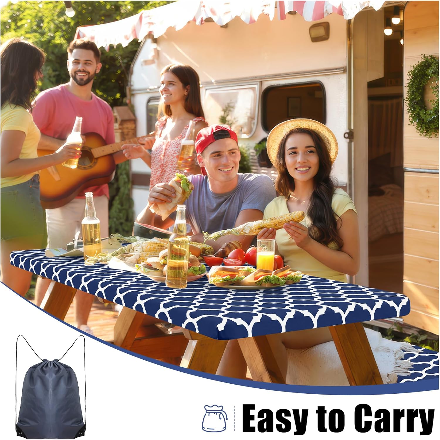  Picnic Table Cover with Bench Covers, Waterproof Elastic Fitted Tablecloth for 4 Foot Tables, Washable Polyester Tablecloths for Camping, Indoor & Outdoor (Navy, 24x48 Inch 3-pc Set) thumbnail