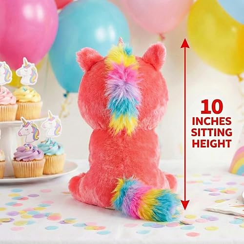 Miniatura 5 de Lindo perro de peluche Pug vestido de unicornio rosa intenso, juguete de peluche suave para cachorro con cuerno de chispa melena y cola de arcoíris,