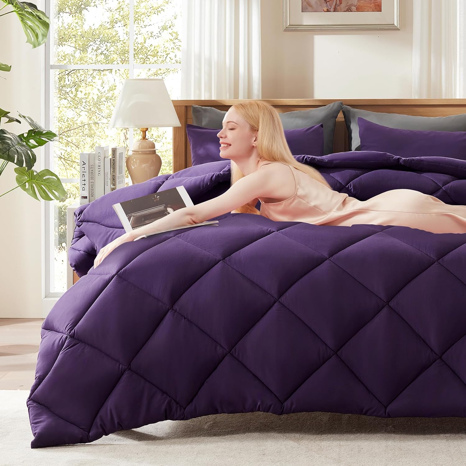 Decroom Lightweight Full Comforter Set with 2 Pillow Sham - 3 Pieces Set - Quilted Down Alternative Comforter/Duvet Insert for All Season - Purple - Full Size Full Purple