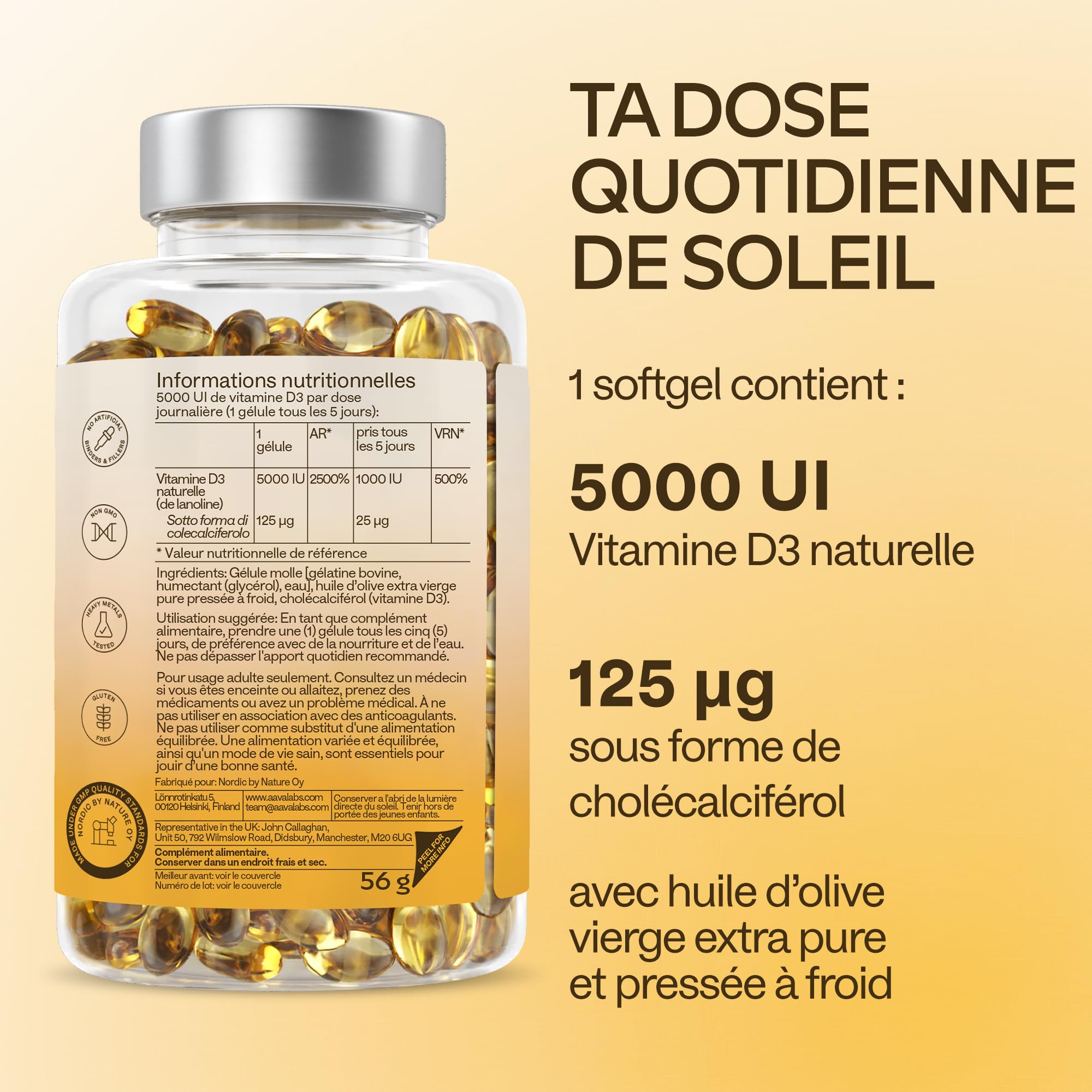 Vitamine D3 Naturelle Haute Concentration 5000 UI - Vitamine D avec Huile d’Olive Extra Vierge pour Absorption Optimale - Vitamines pour les Fonctions Osseuse, Musculaire, Immunitaire - 365 Gélules