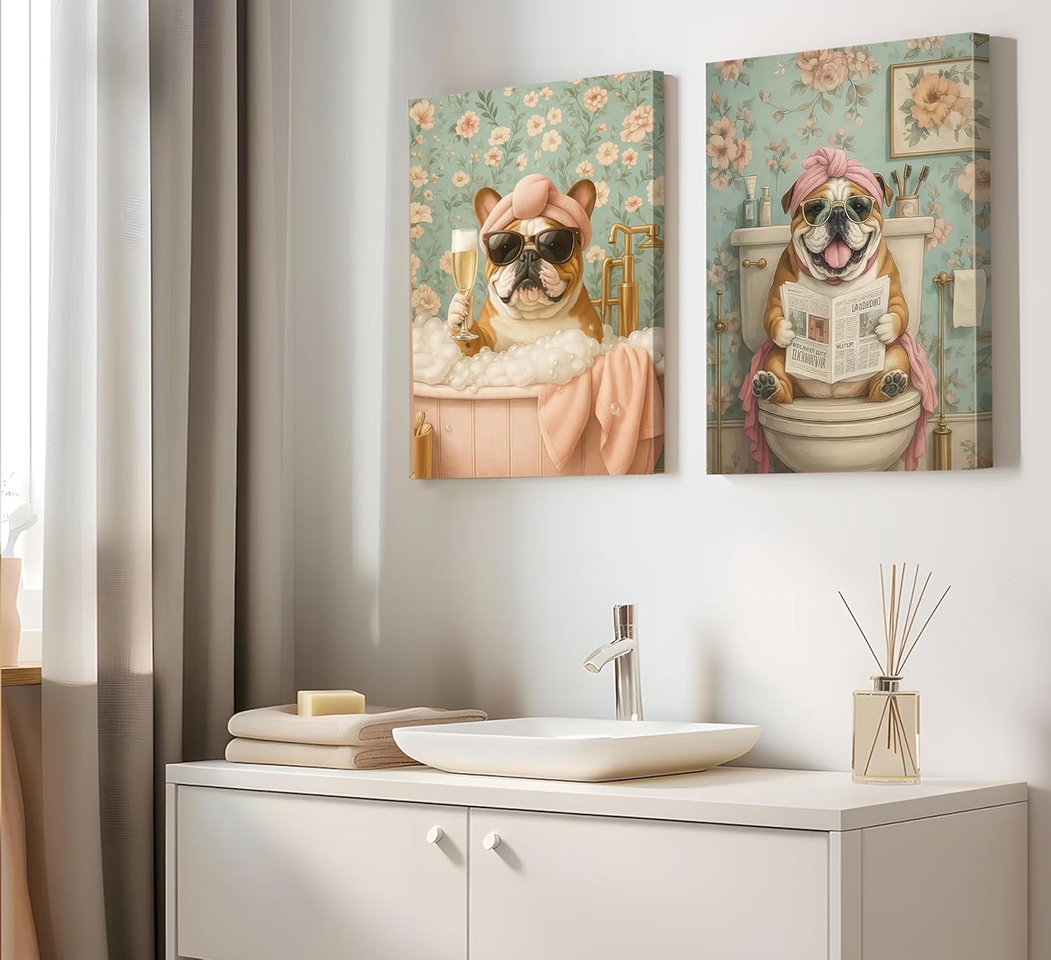 Zxmsakwm 2Pcs Funny Bathroom Dog Canvas Wall Art Dog in The Bathtub Picture Humor Animal Poster Prints Bulldog Sitting On Toilet Painting for Restroom Bathroom Wall Decor 12x16in Framed