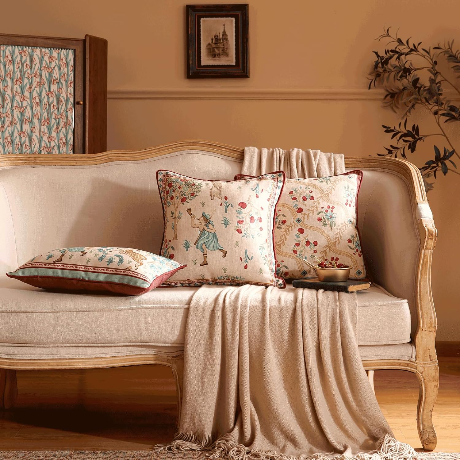 patdrea Designer Pack of 4 Throw Pillow Covers,Farmhouse Vintage Linen with Beige Ancient Idyll Pattern Pillows Cover,Decorative Lumbar Square Pillowcases Cushion for Bed Living Room Outdoor Car