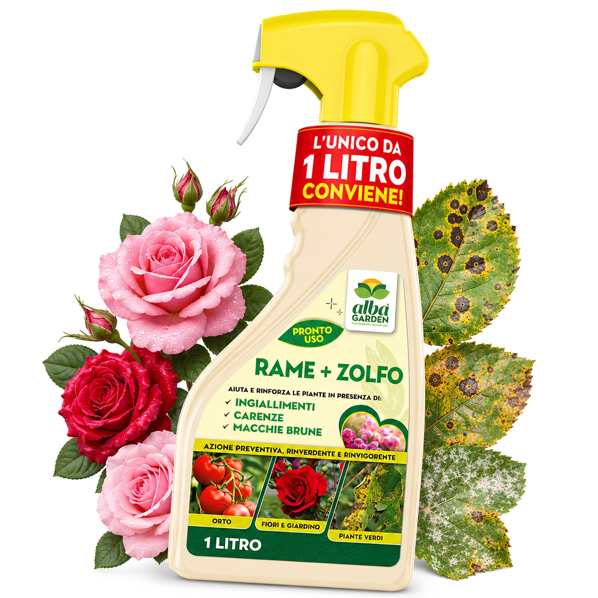 Albagarden Rame Zolfo Spray Fungicida MAXI 1L Concime per Piante